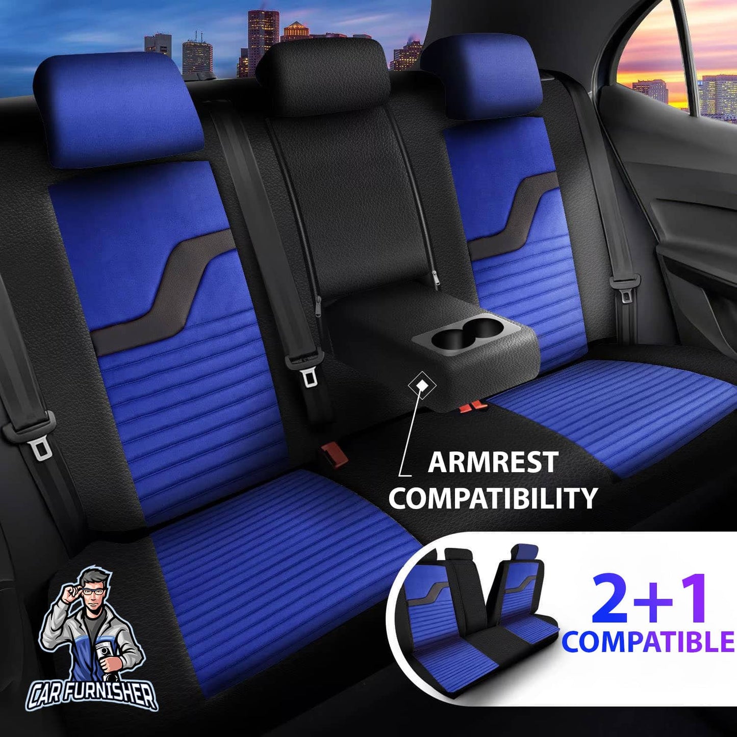 Car Seat Cover Set - Boston Velour Fabric Design Blue 5 Seats + Headrests (Full Set) Leather & Velour Fabric