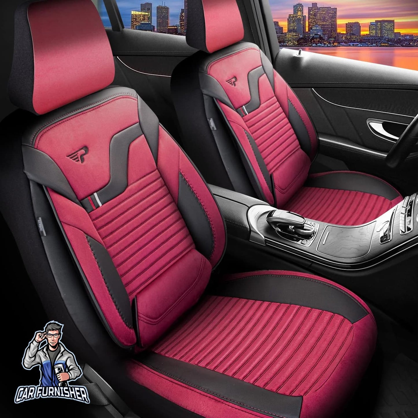 Car Seat Cover Set - Boston Velour Fabric Design Burgundy 5 Seats + Headrests (Full Set) Leather & Velour Fabric