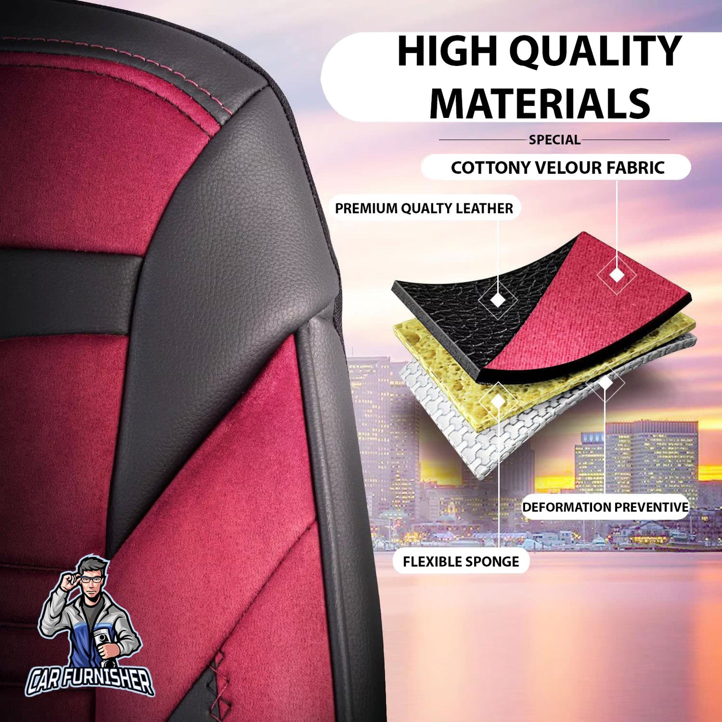 Car Seat Cover Set - Boston Velour Fabric Design Burgundy 5 Seats + Headrests (Full Set) Leather & Velour Fabric