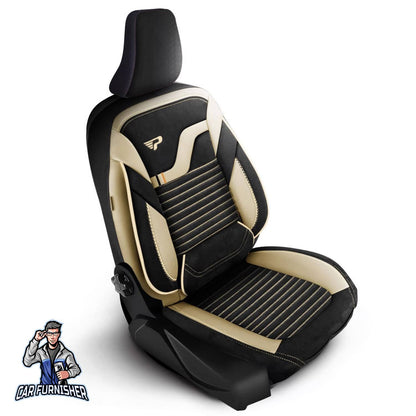 Car Seat Cover Set - Boston Velour Fabric Design Dark Beige 5 Seats + Headrests (Full Set) Leather & Velour Fabric