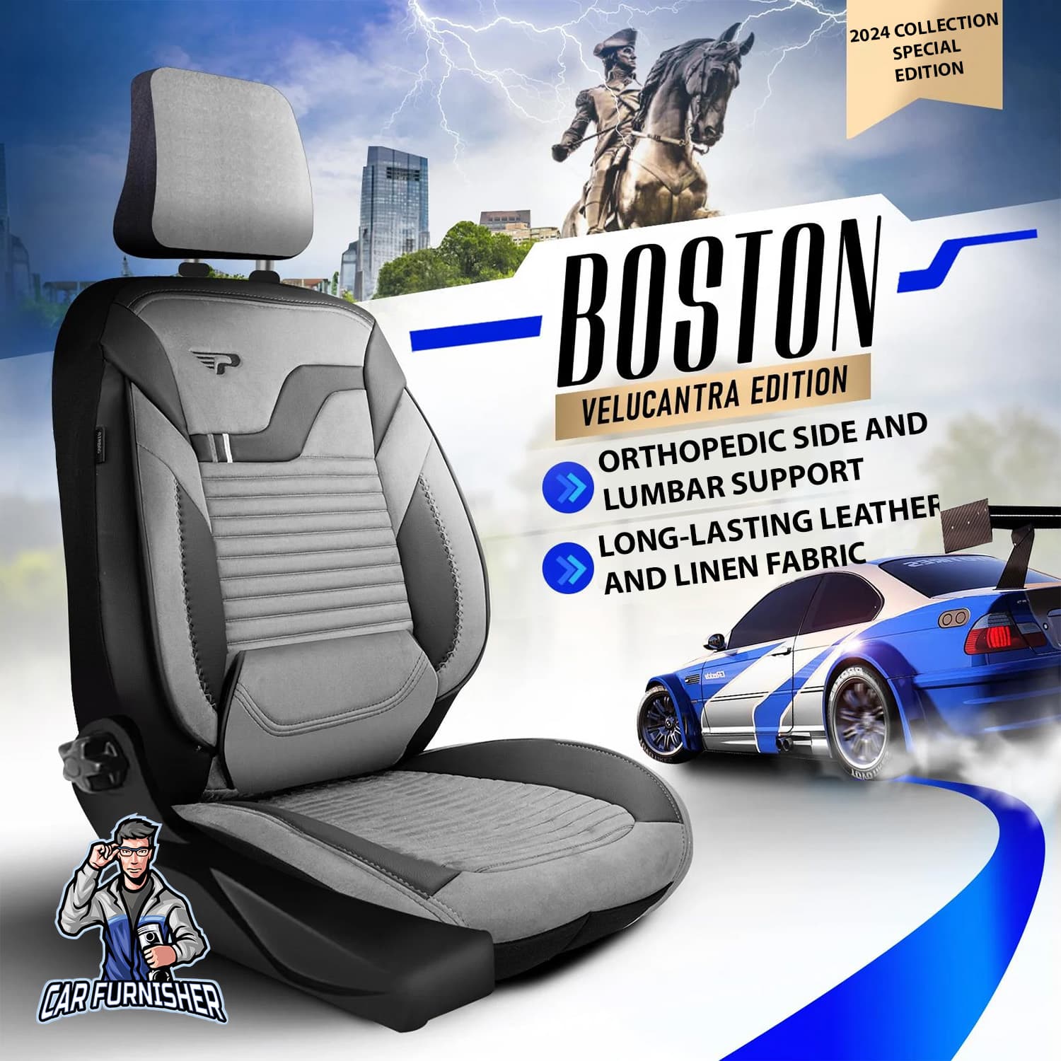 Car Seat Cover Set - Boston Velour Fabric Design Gray 5 Seats + Headrests (Full Set) Leather & Velour Fabric