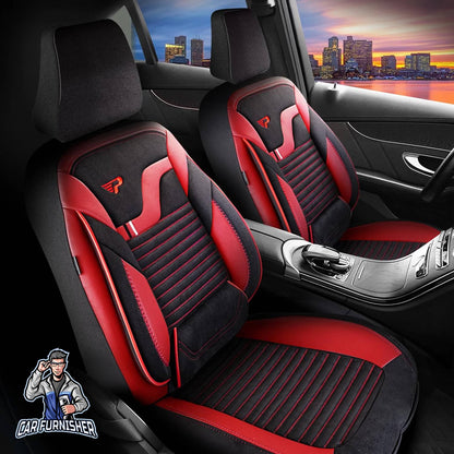 Car Seat Cover Set - Boston Velour Fabric Design Red 5 Seats + Headrests (Full Set) Leather & Velour Fabric