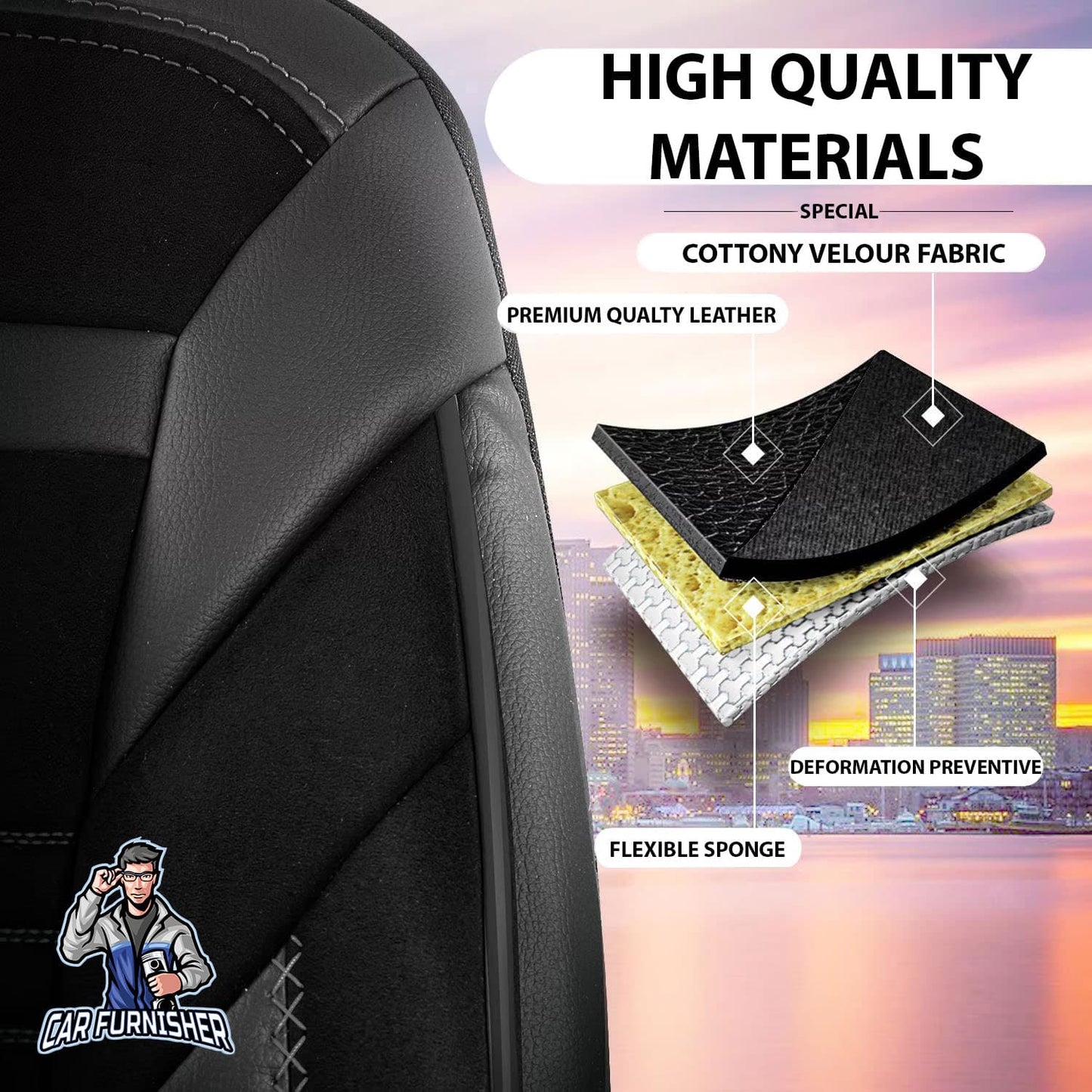 Car Seat Cover Set - Boston Velour Fabric Design Smoked Black 5 Seats + Headrests (Full Set) Leather & Velour Fabric