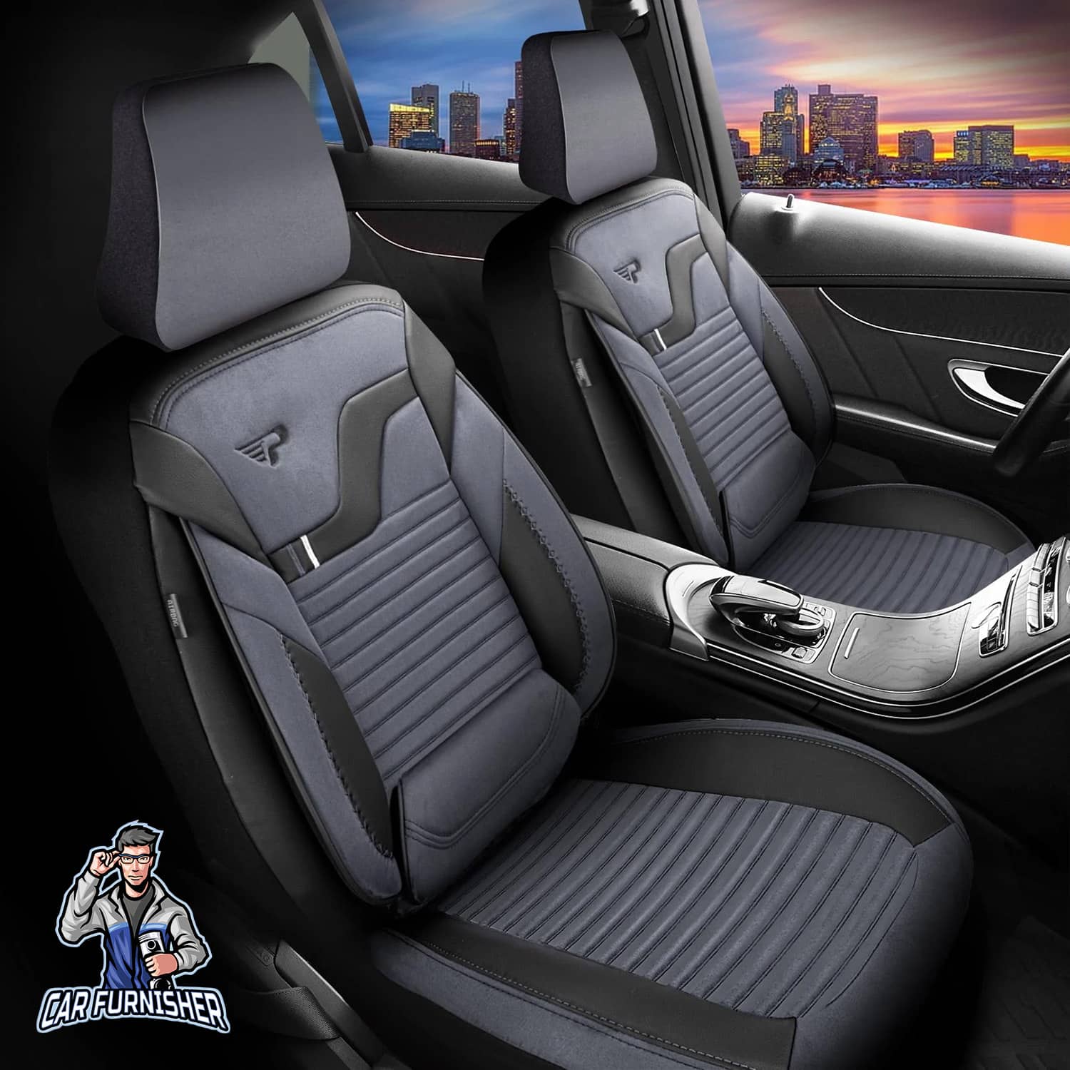 Car Seat Cover Set - Boston Velour Fabric Design Smoked 5 Seats + Headrests (Full Set) Leather & Velour Fabric
