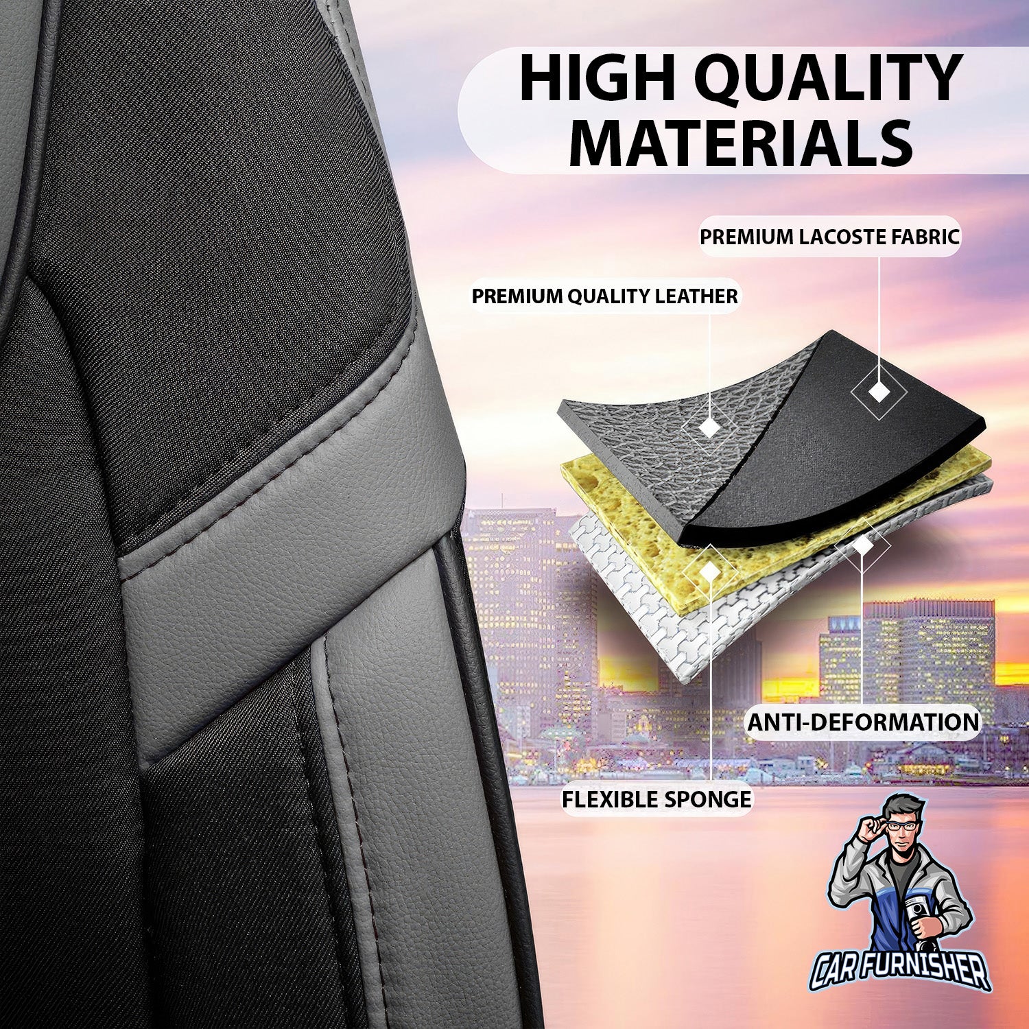 Car Seat Cover Set - Cappadocia Design Black 5 Seats + Headrests (Full Set) Leather & Jacquard Fabric