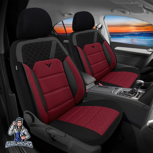 Car Seat Cover Set - K1 Design Burgundy 5 Seats + Headrests (Full Set) Leather & Seersucker Fabric