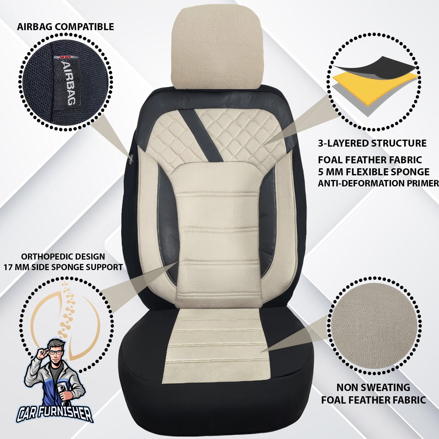 Mercedes 190 Seat Covers K2 Design White 5 Seats + Headrests (Full Set) Foal Feather Fabric