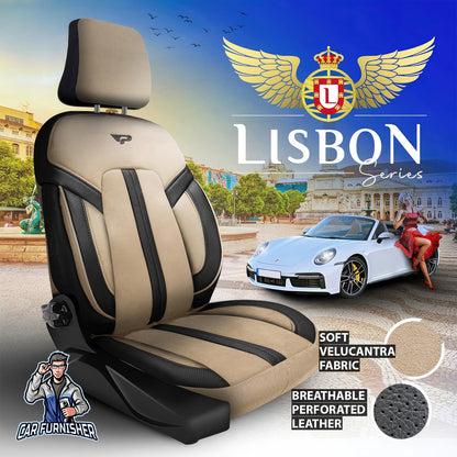 Car Seat Cover Set - Lisbon Design Beige 5 Seats + Headrests (Full Set) Leather & Velour Fabric