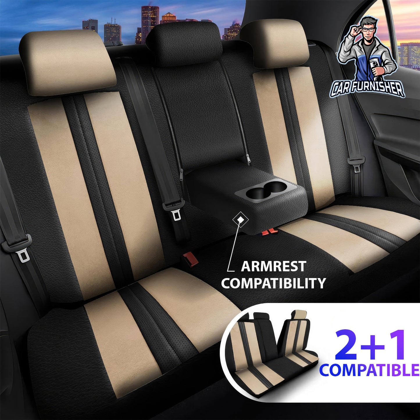 Car Seat Cover Set - Lisbon Design Beige 5 Seats + Headrests (Full Set) Leather & Velour Fabric