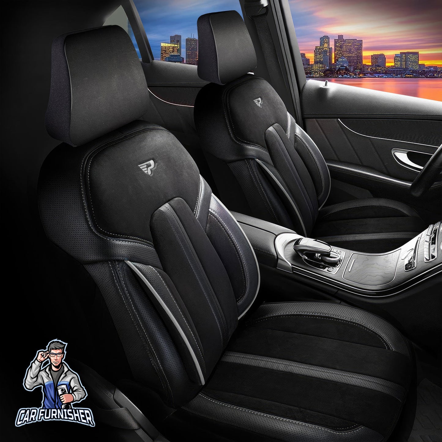 Car Seat Cover Set - Lisbon Design Black 5 Seats + Headrests (Full Set) Leather & Velour Fabric