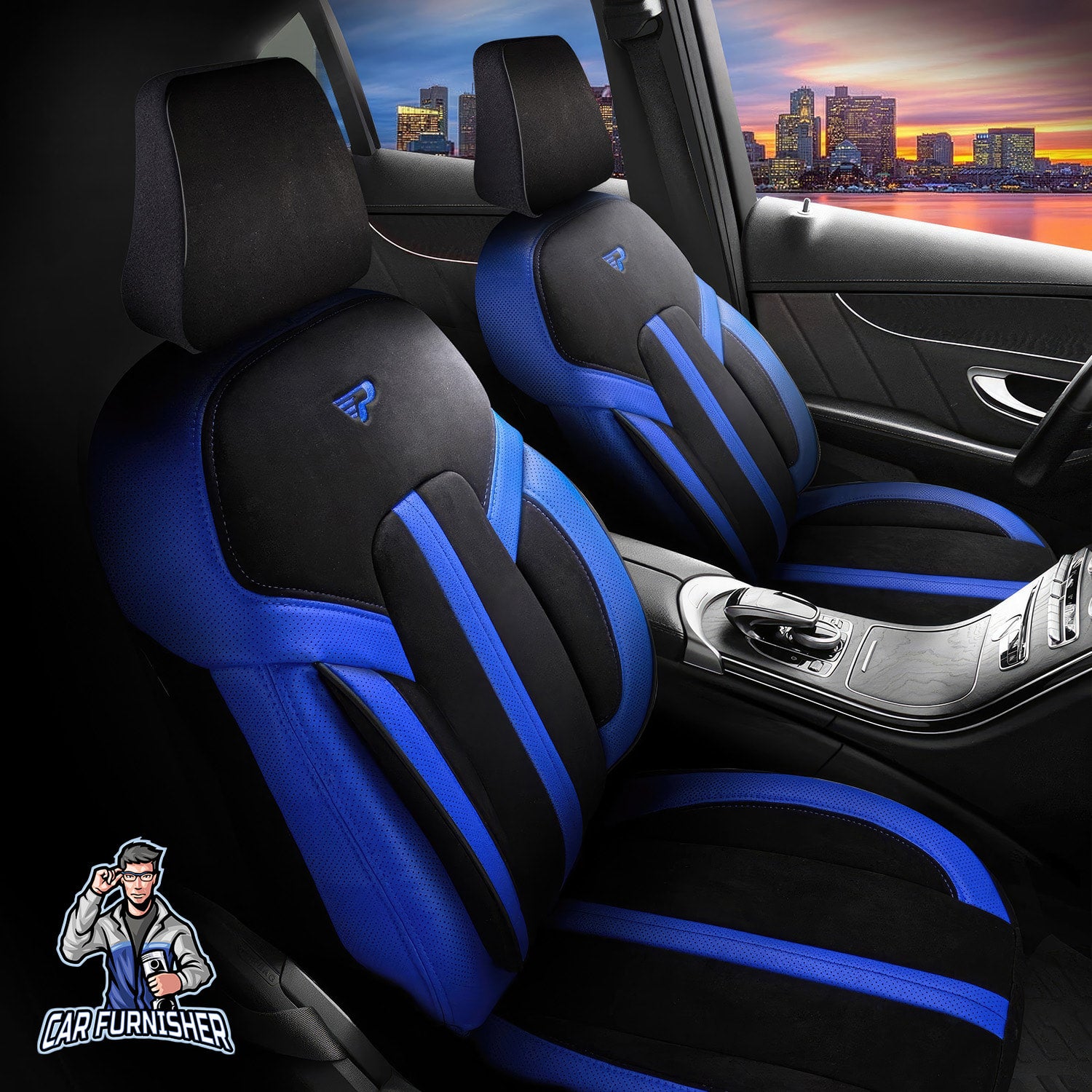 Car Seat Cover Set - Lisbon Design Blue 5 Seats + Headrests (Full Set) Leather & Velour Fabric