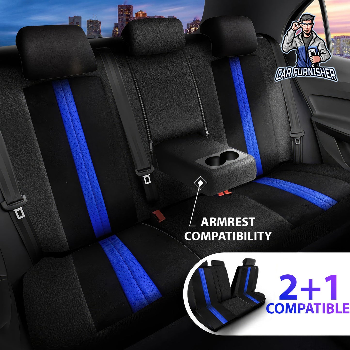 Car Seat Cover Set - Lisbon Design Blue 5 Seats + Headrests (Full Set) Leather & Velour Fabric