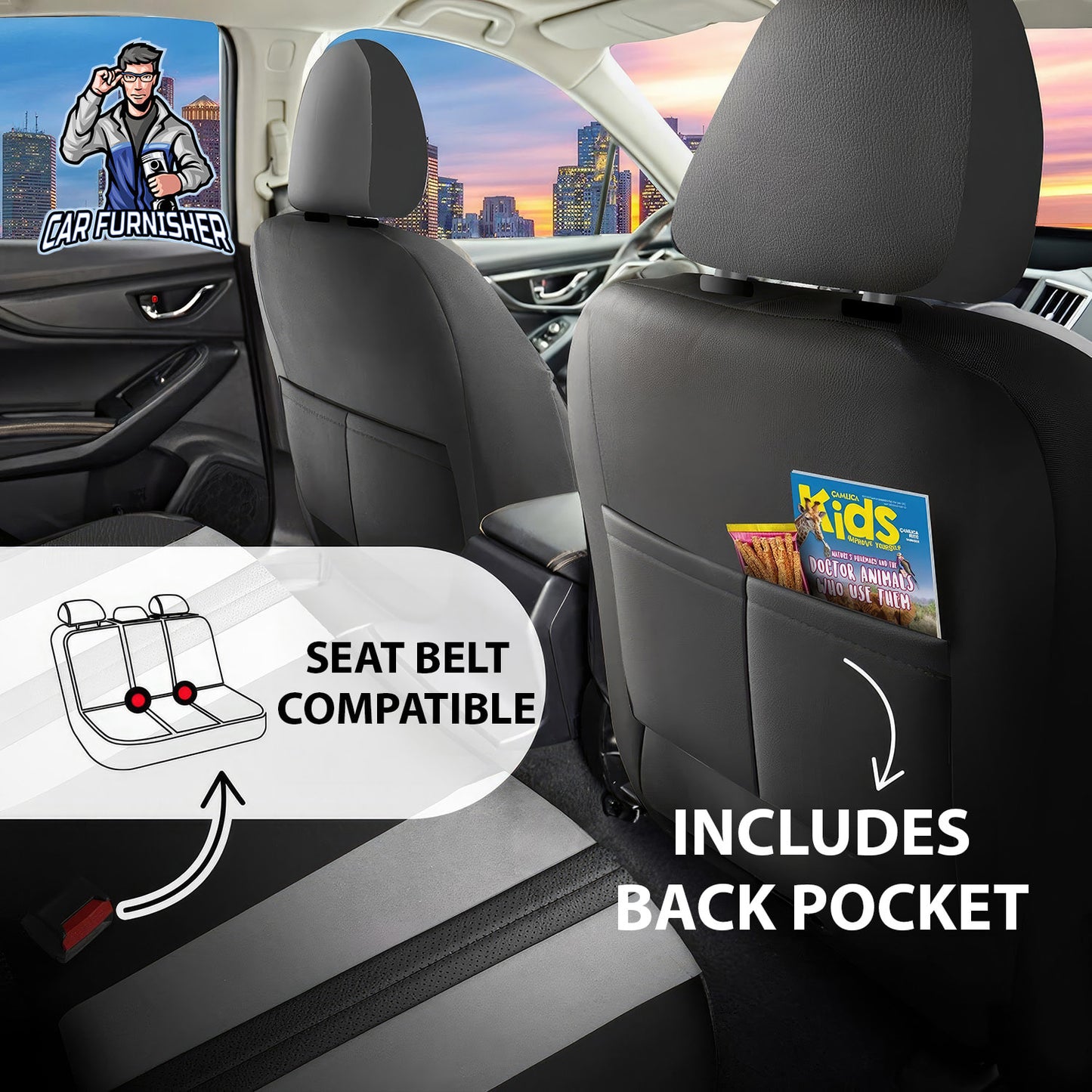 Car Seat Cover Set - Lisbon Design Gray 5 Seats + Headrests (Full Set) Leather & Velour Fabric