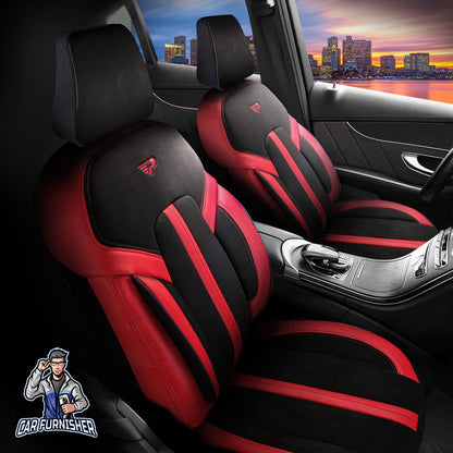 Car Seat Cover Set - Lisbon Design Red 5 Seats + Headrests (Full Set) Leather & Velour Fabric