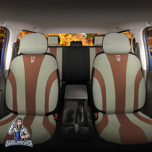 Car Seat Cover Set - Medusa Linen Fabric & Leather Design Brown 5 Seats + Headrests (Full Set) Leather & Linen Fabric