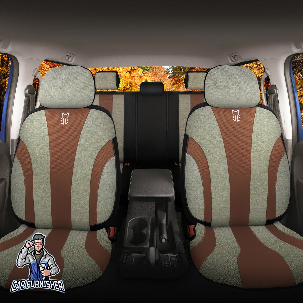 Volkswagen Tiguan Seat Covers Medusa Linen Fabric & Leather Design Brown 5 Seats + Headrests (Full Set) Leather & Linen Fabric