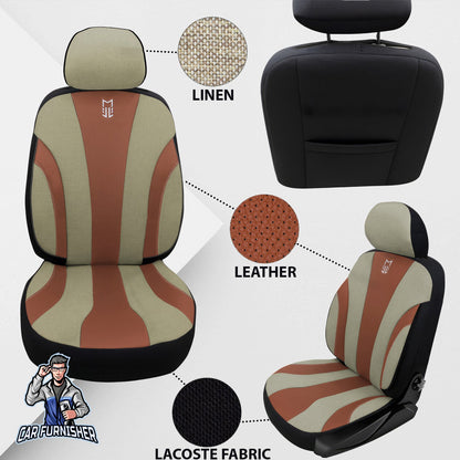 Mercedes 190 Seat Covers Medusa Linen Fabric & Leather Design Brown 5 Seats + Headrests (Full Set) Leather & Linen Fabric