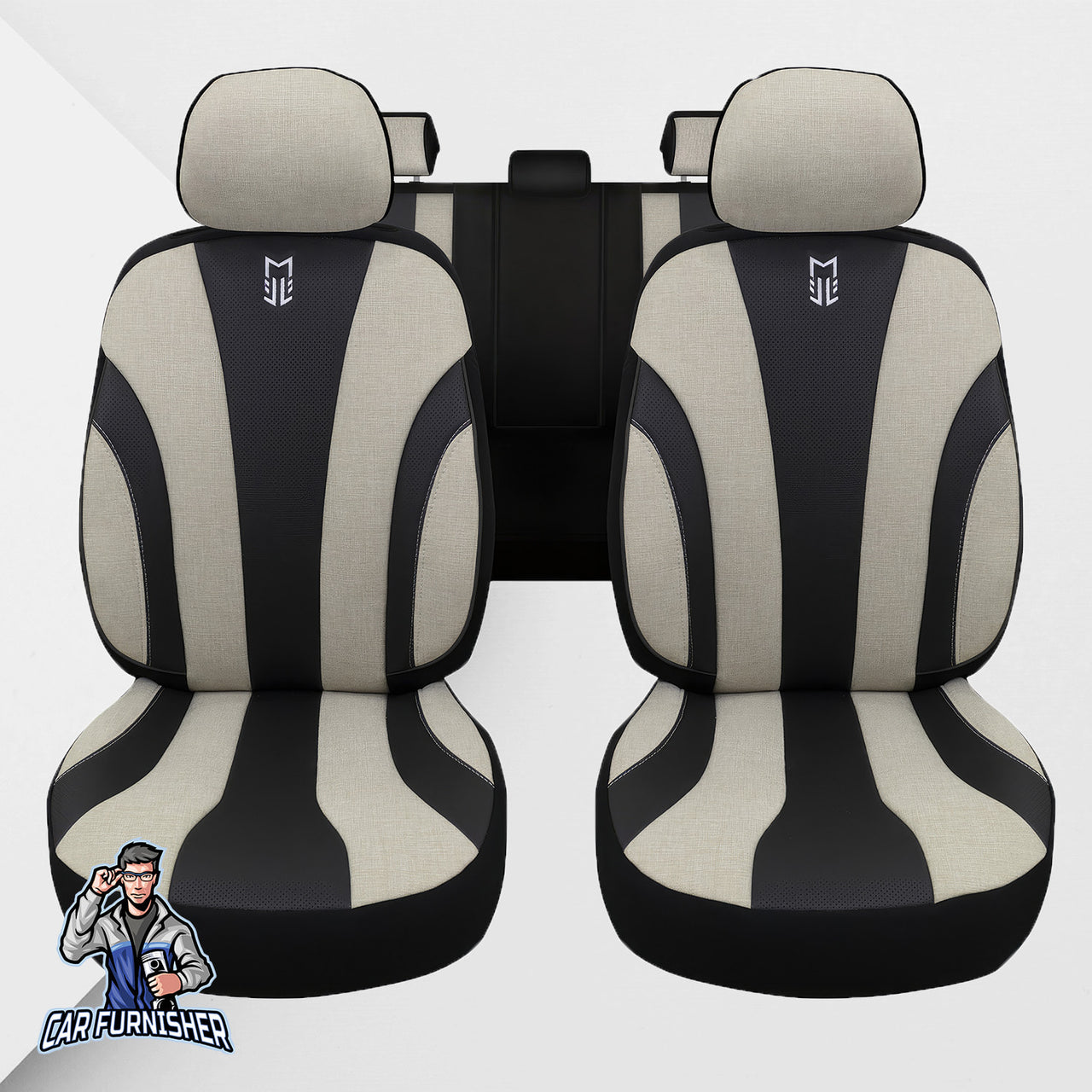 Car Seat Cover Set - Medusa Linen Fabric & Leather Design Black 5 Seats + Headrests (Full Set) Leather & Linen Fabric