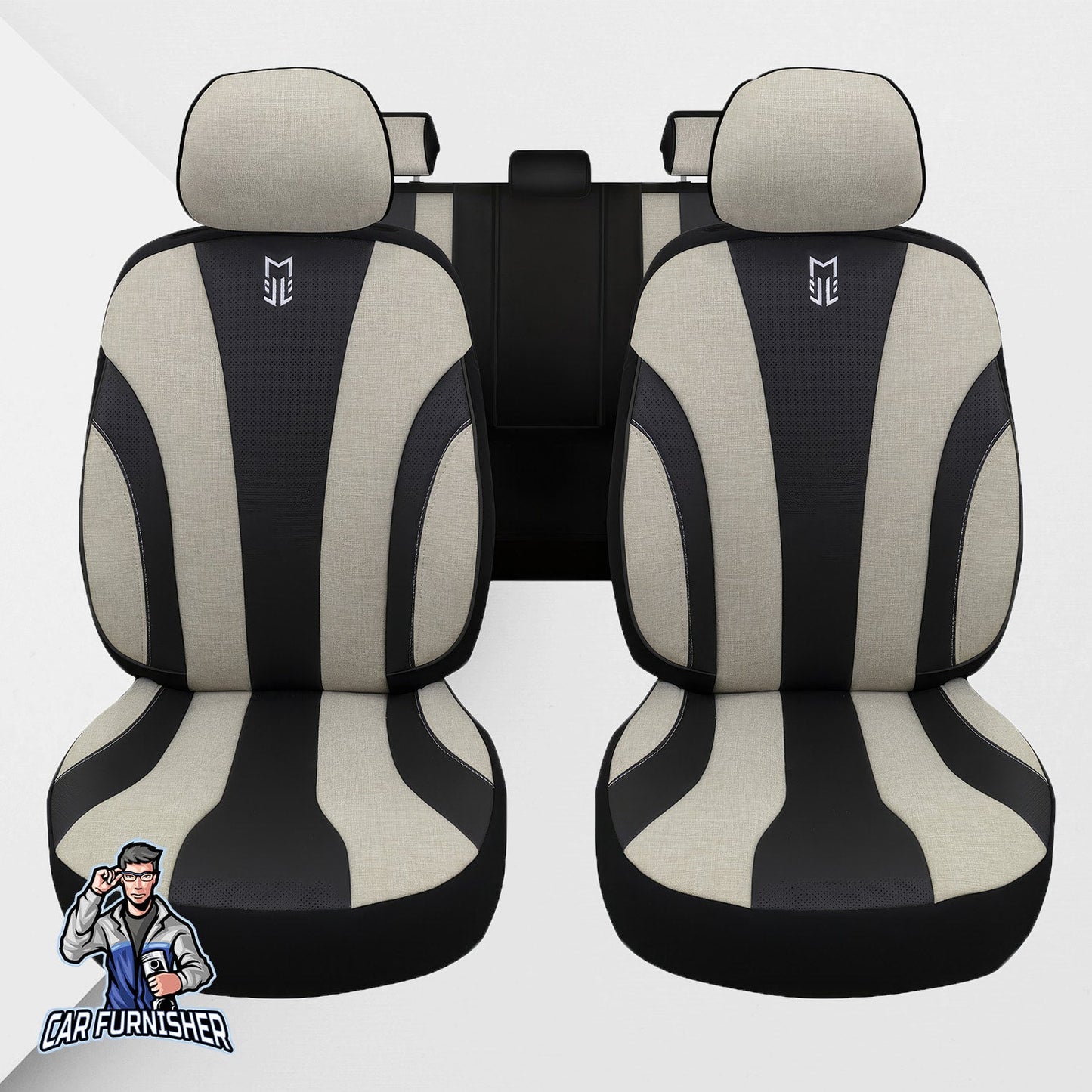 Mercedes 190 Seat Covers Medusa Linen Fabric & Leather Design Black 5 Seats + Headrests (Full Set) Leather & Linen Fabric