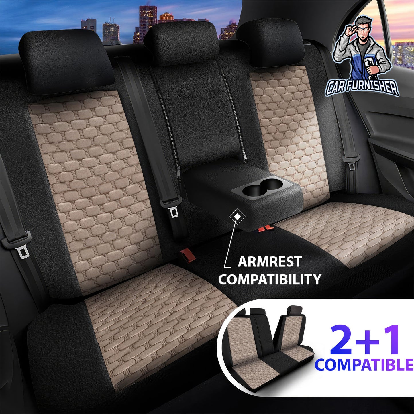 Car Seat Cover Set - Naples Design Beige 5 Seats + Headrests (Full Set) Leather & Velvet Fabric