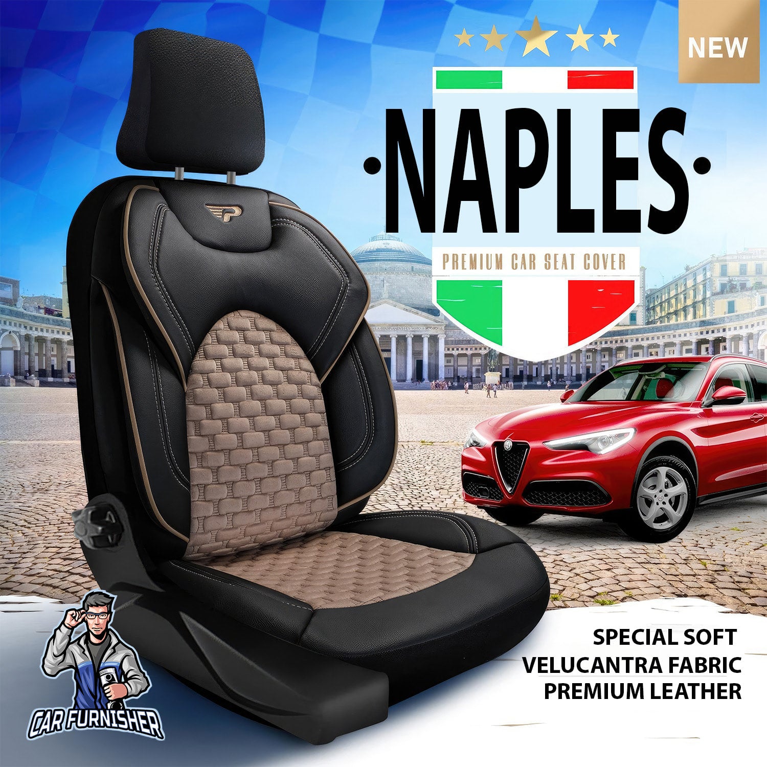 Car Seat Cover Set - Naples Design Beige 5 Seats + Headrests (Full Set) Leather & Velvet Fabric
