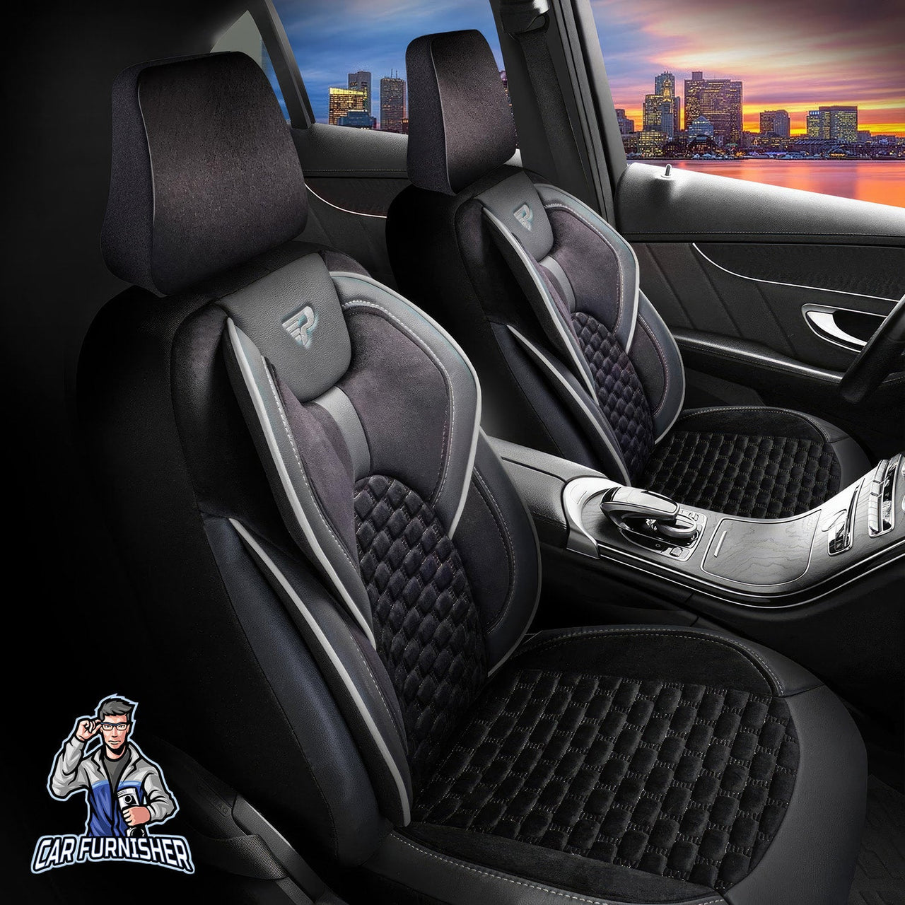 Audi Q3 Seat Covers Naples Design Black 5 Seats + Headrests (Full Set) Leather & Velvet Fabric