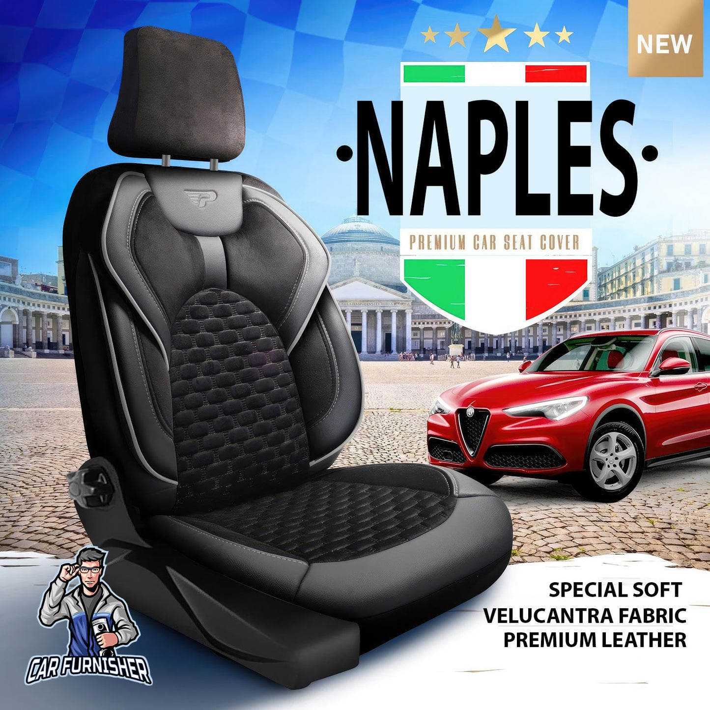 Car Seat Cover Set - Naples Design Black 5 Seats + Headrests (Full Set) Leather & Velvet Fabric