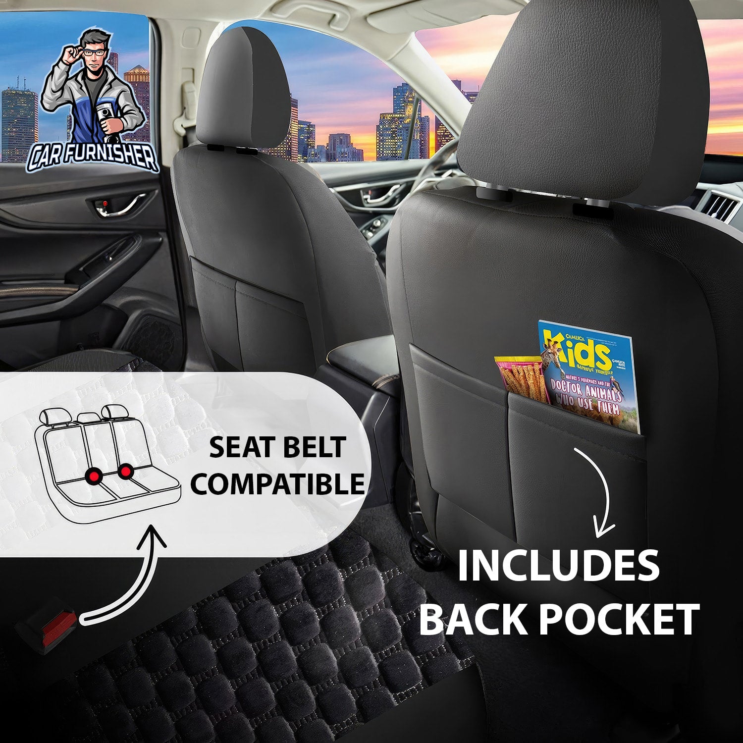 Car Seat Cover Set - Naples Design Black 5 Seats + Headrests (Full Set) Leather & Velvet Fabric