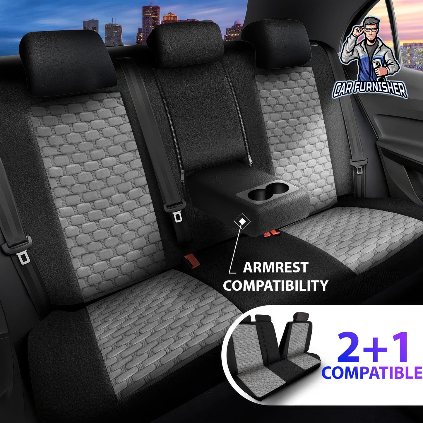 Car Seat Cover Set - Naples Design Gray 5 Seats + Headrests (Full Set) Leather & Velvet Fabric
