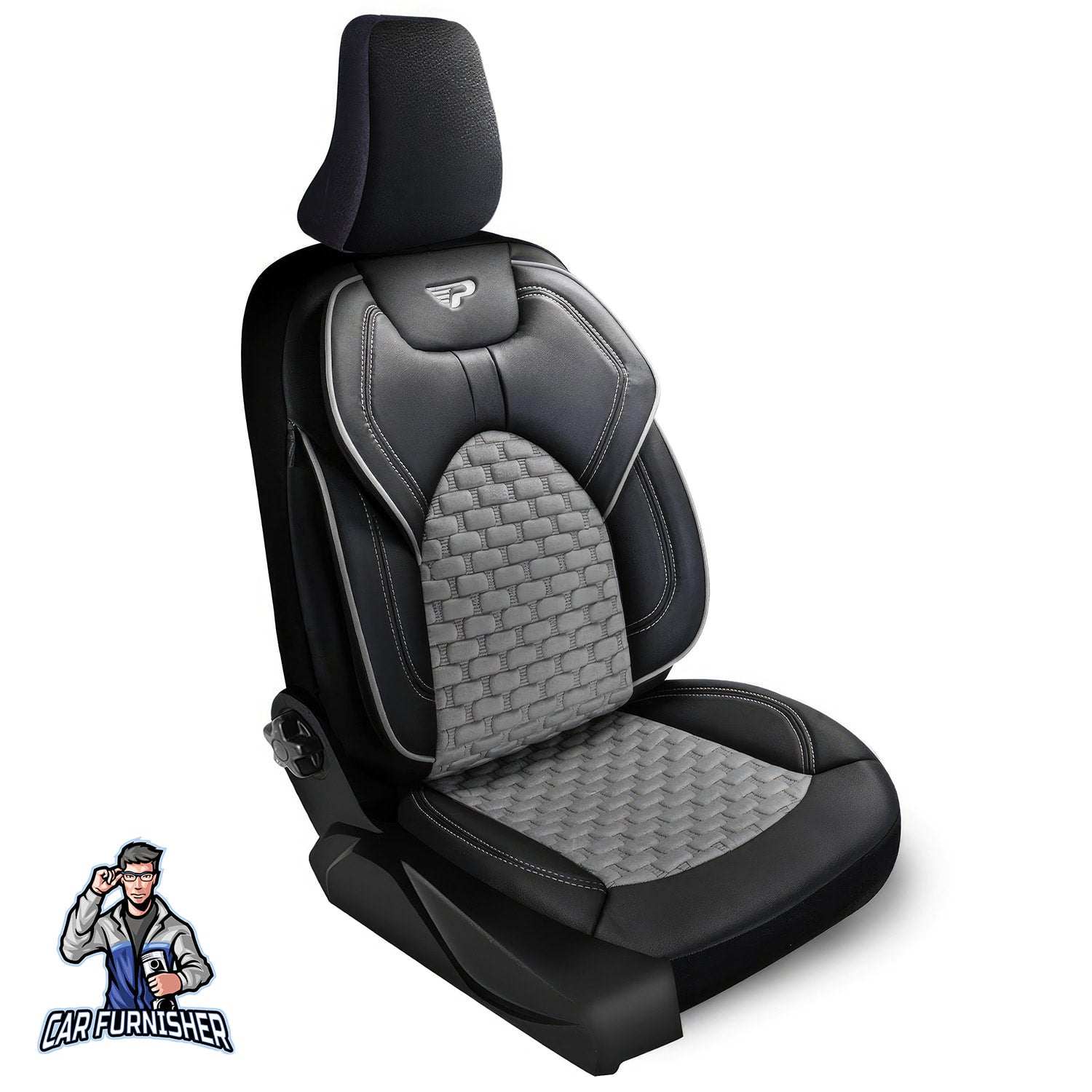 Car Seat Cover Set - Naples Design Gray 5 Seats + Headrests (Full Set) Leather & Velvet Fabric