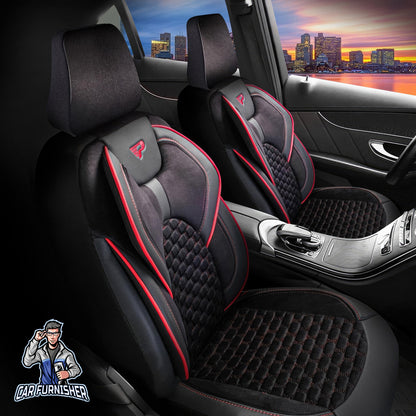 Car Seat Cover Set - Naples Design Red 5 Seats + Headrests (Full Set) Leather & Velvet Fabric