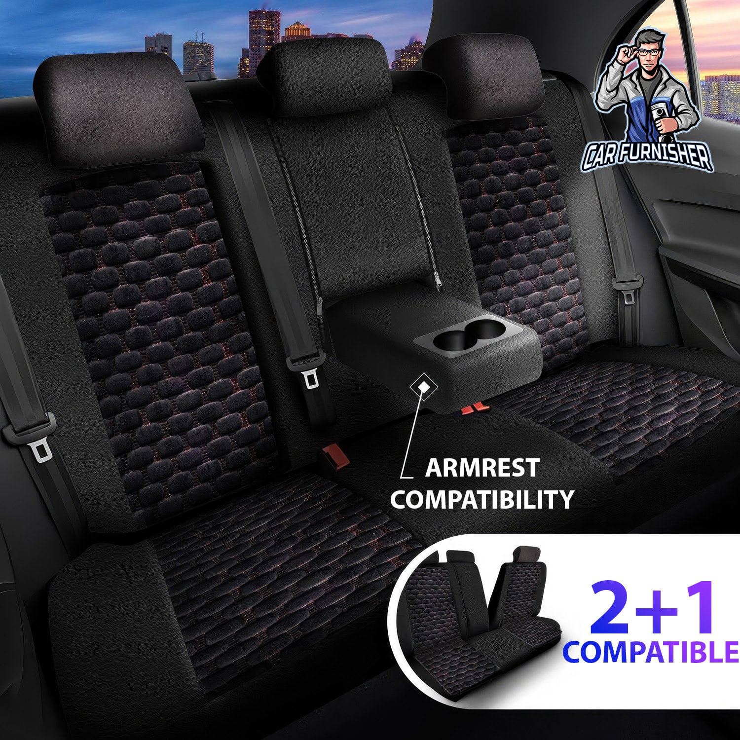 Car Seat Cover Set - Naples Design Red 5 Seats + Headrests (Full Set) Leather & Velvet Fabric