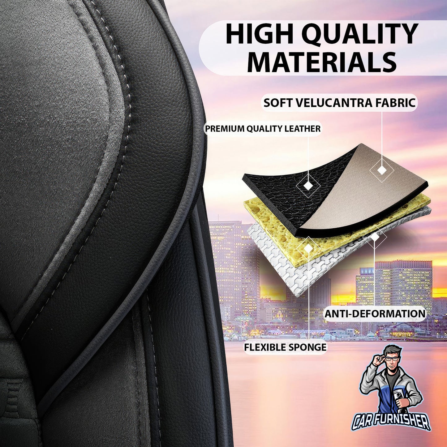 Car Seat Cover Set - Naples Design Smoked 5 Seats + Headrests (Full Set) Leather & Velvet Fabric