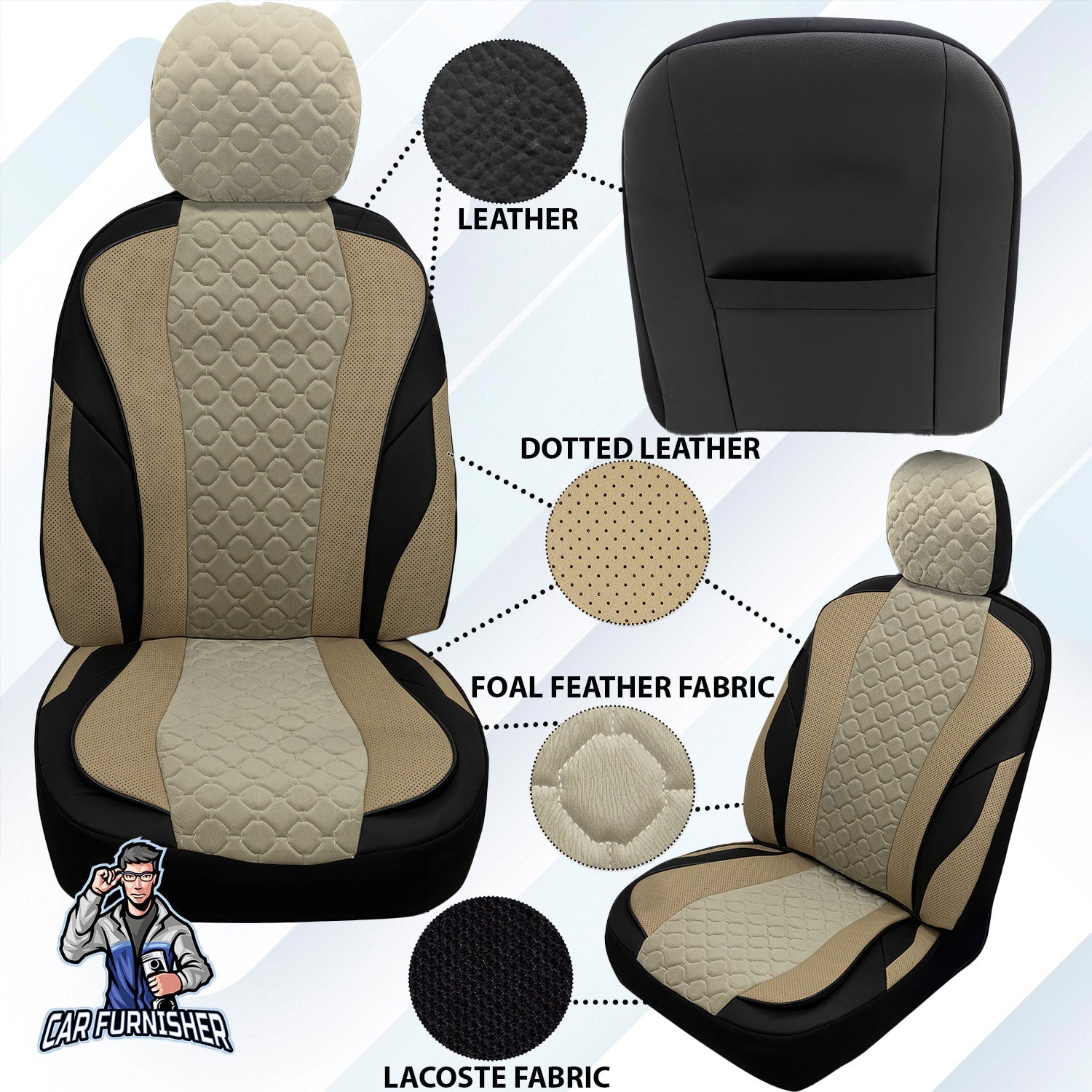 Mercedes 190 Seat Covers VIP Design Beige 5 Seats + Headrests (Full Set) Leather & Foal Feather Fabric