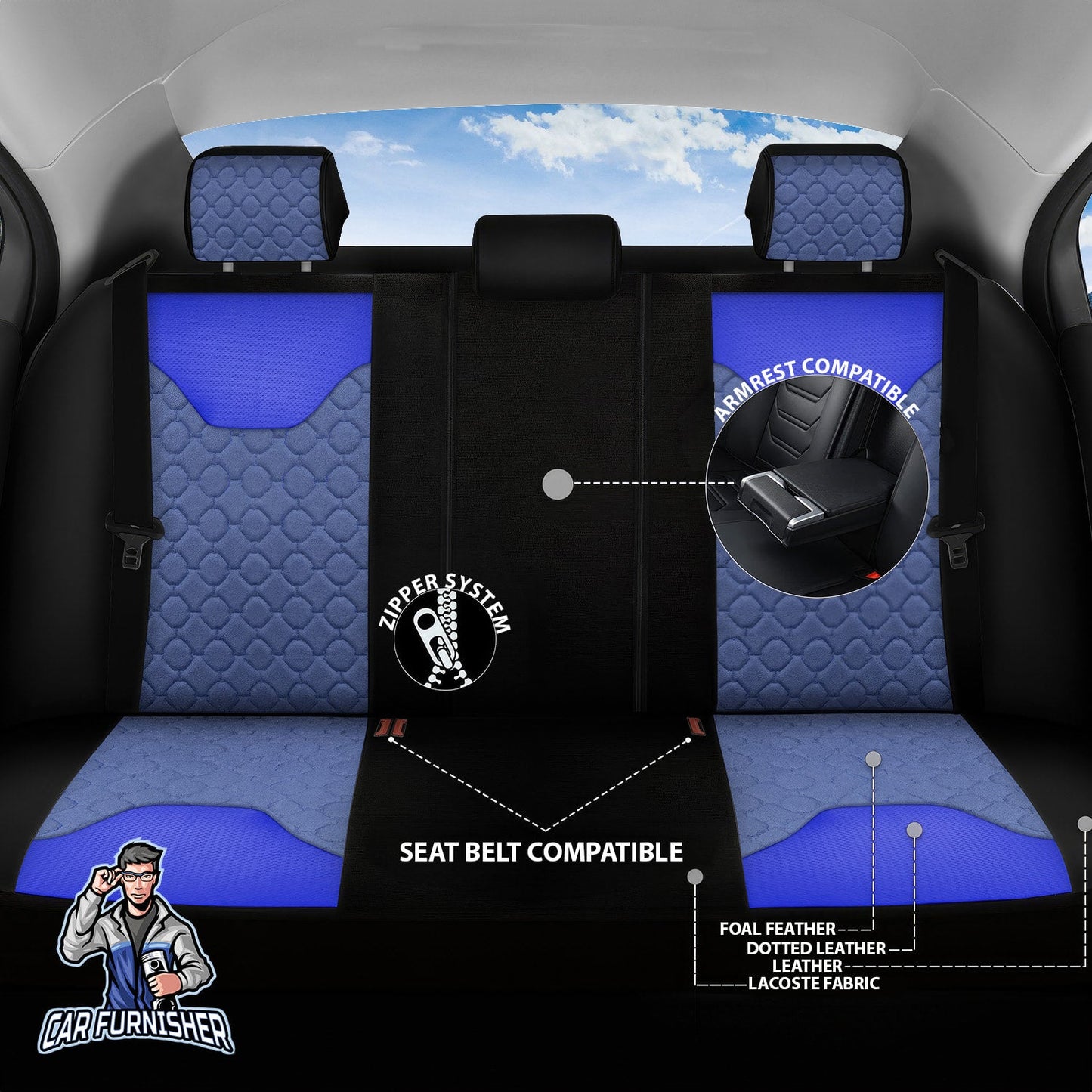 Mercedes 190 Seat Covers VIP Design Blue 5 Seats + Headrests (Full Set) Leather & Foal Feather Fabric