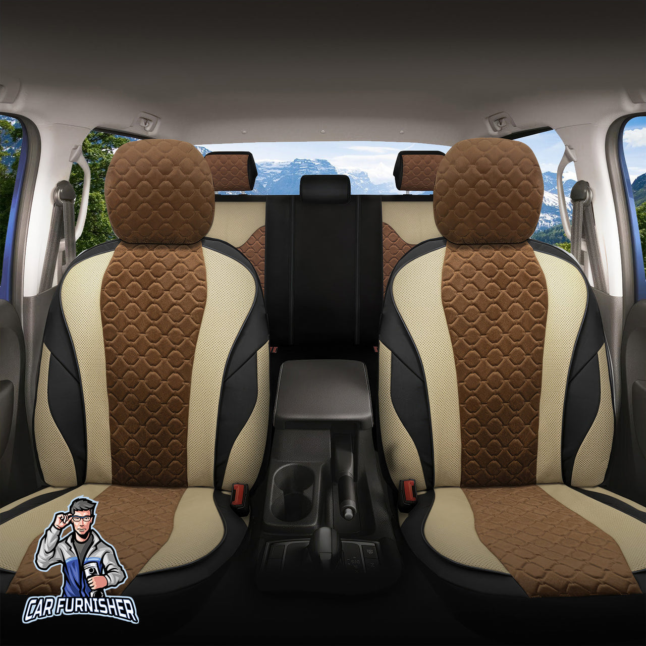 Car Seat Cover Set - VIP Design Brown 5 Seats + Headrests (Full Set) Leather & Foal Feather Fabric