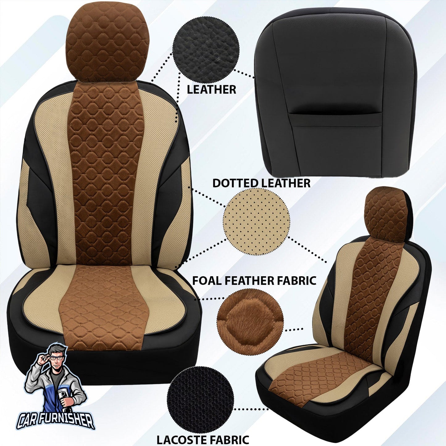Mercedes 190 Seat Covers VIP Design Brown 5 Seats + Headrests (Full Set) Leather & Foal Feather Fabric