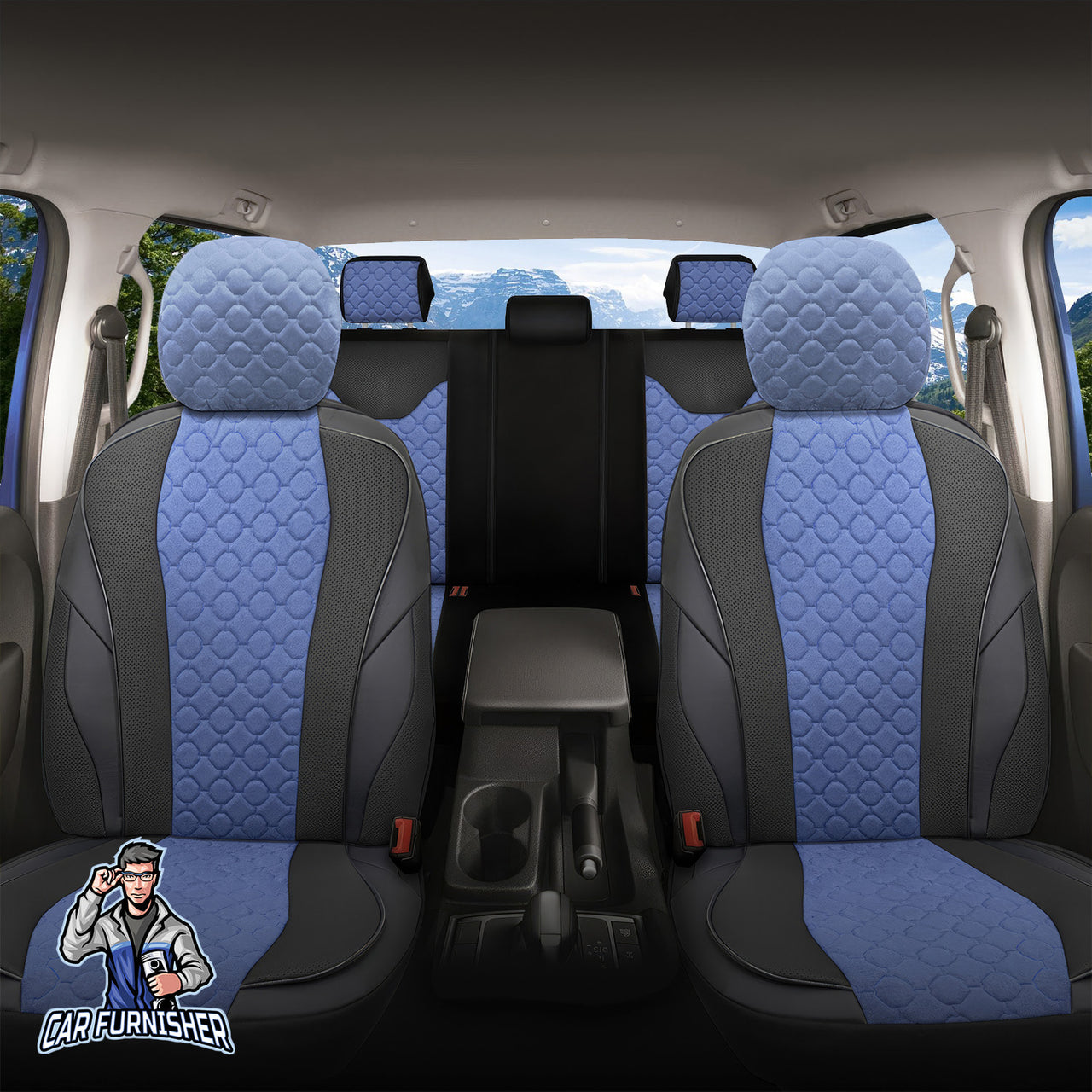 Car Seat Cover Set - VIP Design Dark Blue 5 Seats + Headrests (Full Set) Leather & Foal Feather Fabric