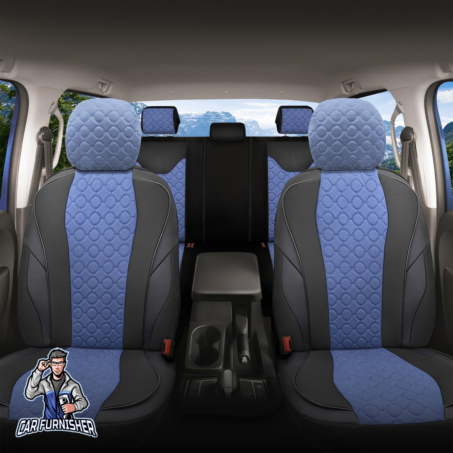 Mercedes 190 Seat Covers VIP Design Dark Blue 5 Seats + Headrests (Full Set) Leather & Foal Feather Fabric