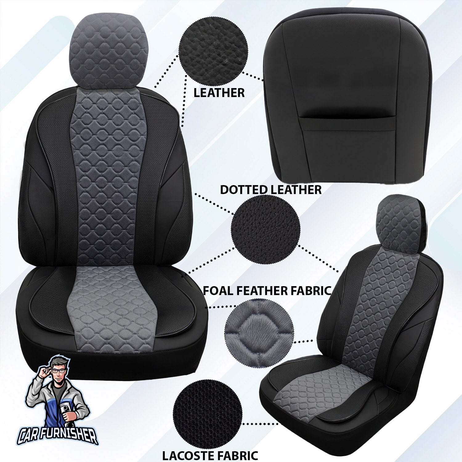 Mercedes 190 Seat Covers VIP Design Gray 5 Seats + Headrests (Full Set) Leather & Foal Feather Fabric