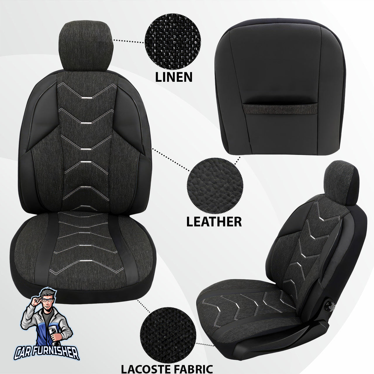 Car Seat Cover Set - Verita Elegance Design Black 5 Seats + Headrests (Full Set) Leather & Linen Fabric