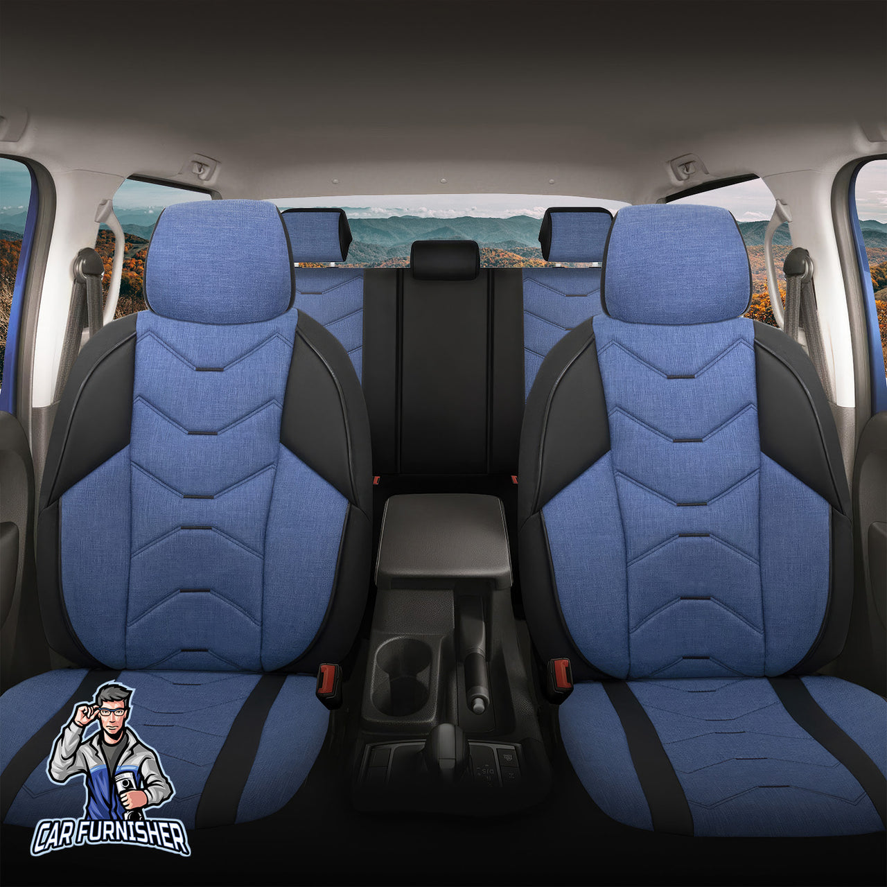 Car Seat Cover Set - Verita Elegance Design Blue 5 Seats + Headrests (Full Set) Leather & Linen Fabric