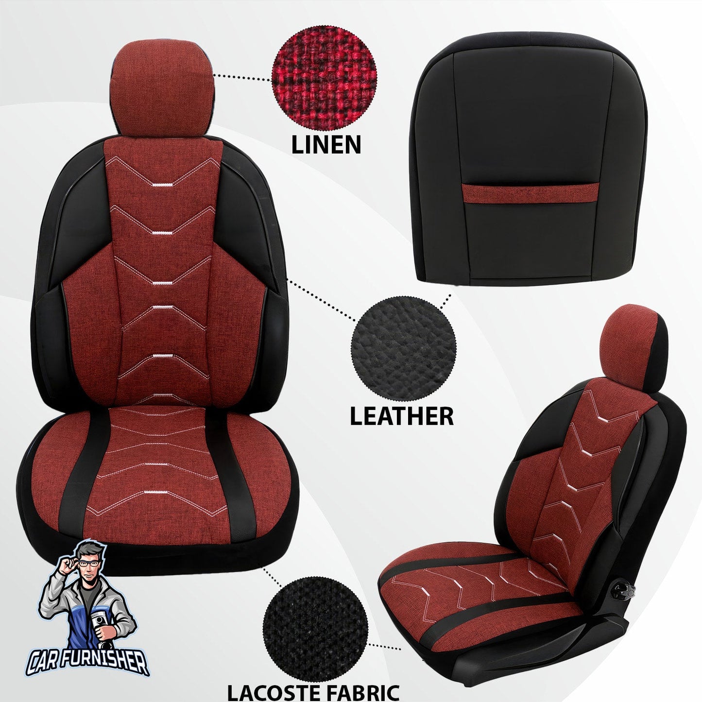 Mercedes 190 Seat Covers Verita Elegance Design Burgundy 5 Seats + Headrests (Full Set) Leather & Linen Fabric