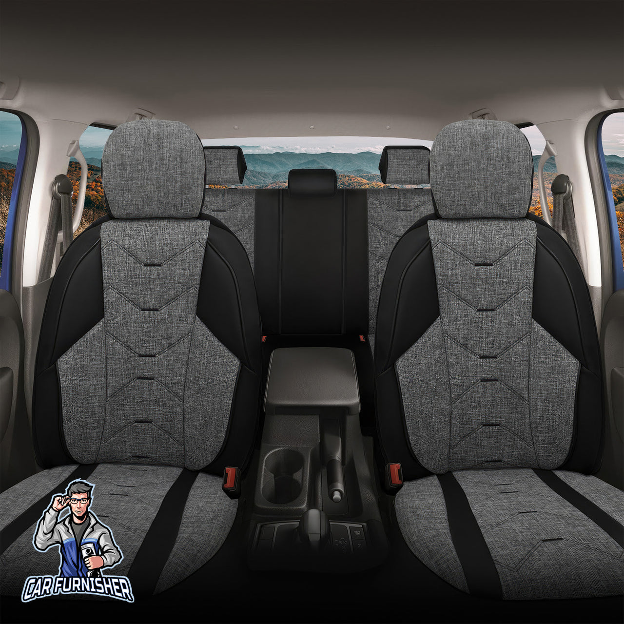 Car Seat Cover Set - Verita Elegance Design Gray 5 Seats + Headrests (Full Set) Leather & Linen Fabric