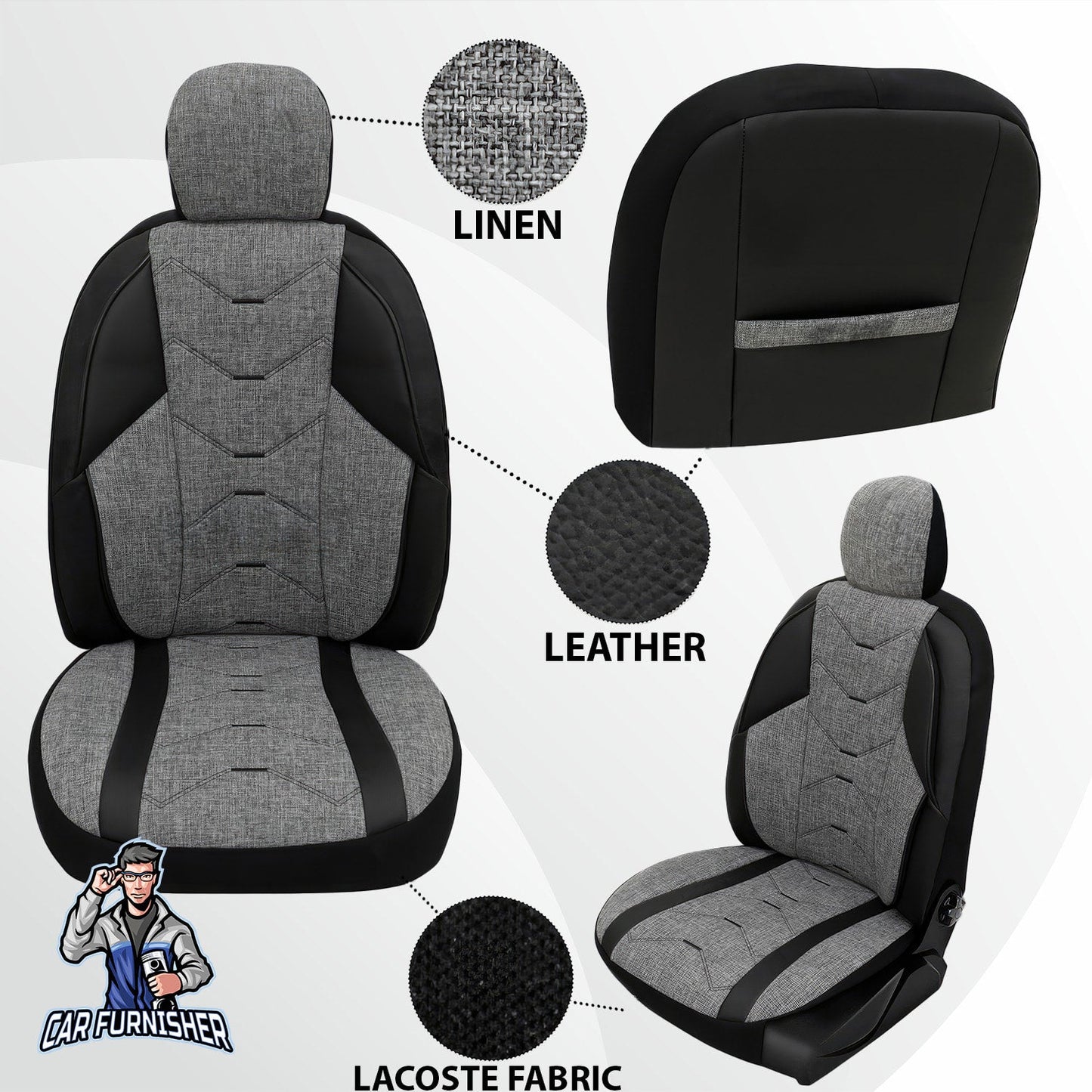 Mercedes 190 Seat Covers Verita Elegance Design Gray 5 Seats + Headrests (Full Set) Leather & Linen Fabric
