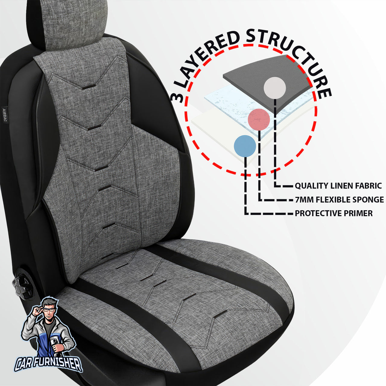 Car Seat Cover Set - Verita Elegance Design Gray 5 Seats + Headrests (Full Set) Leather & Linen Fabric