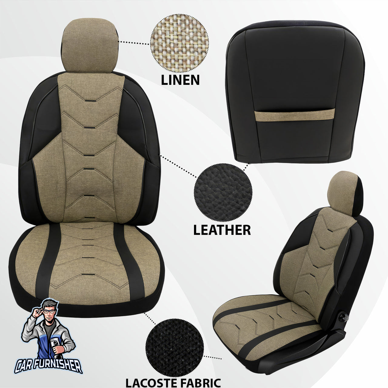 Car Seat Cover Set - Verita Elegance Design Khaki 5 Seats + Headrests (Full Set) Leather & Linen Fabric