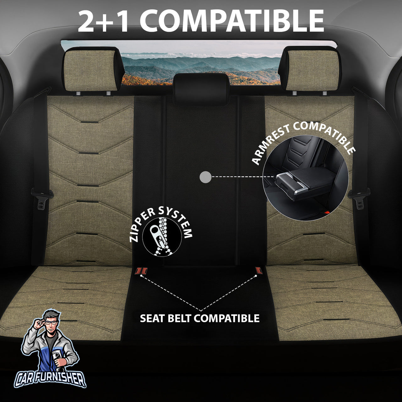 Car Seat Cover Set - Verita Elegance Design Khaki 5 Seats + Headrests (Full Set) Leather & Linen Fabric