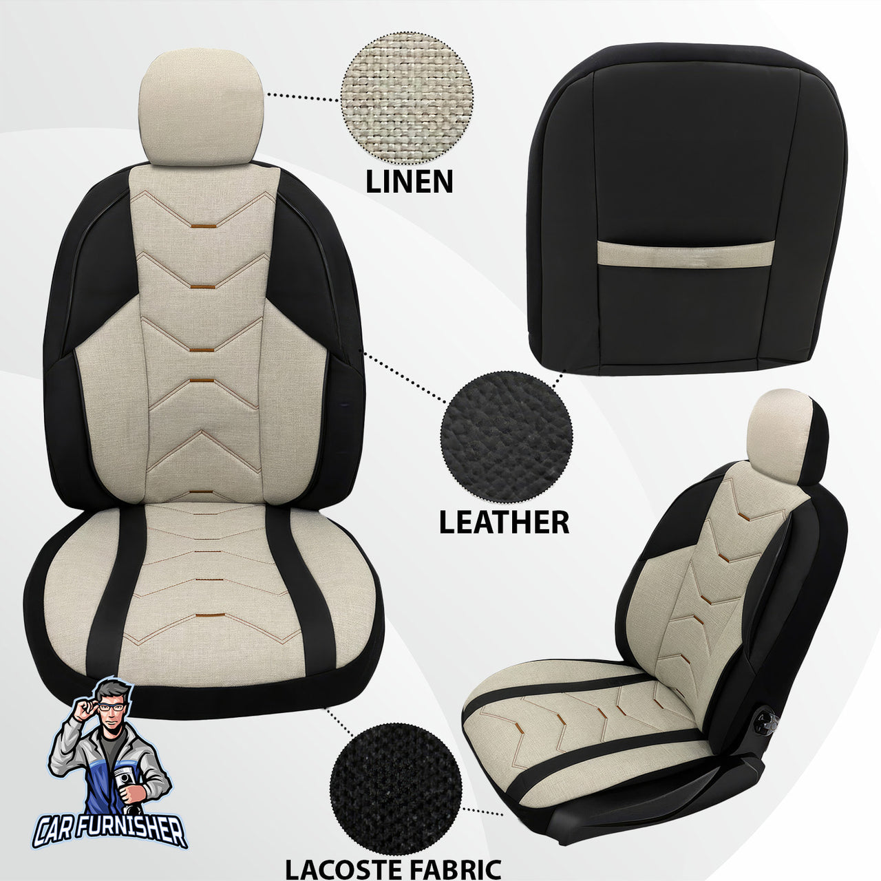 Car Seat Cover Set - Verita Elegance Design White 5 Seats + Headrests (Full Set) Leather & Linen Fabric