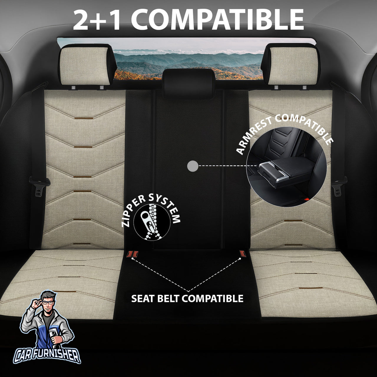 Car Seat Cover Set - Verita Elegance Design White 5 Seats + Headrests (Full Set) Leather & Linen Fabric